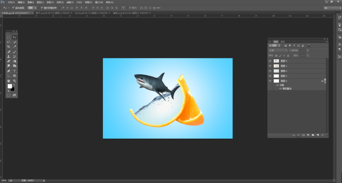 创意合成，通过PS制作鲨鱼在橙子里游泳的创意画面