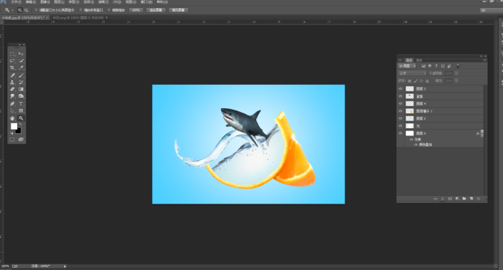 创意合成，通过PS制作鲨鱼在橙子里游泳的创意画面