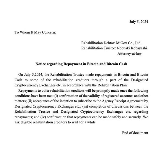 Mt.Gox正开始偿还给债权人！涉及以BTC、BCH支付资金