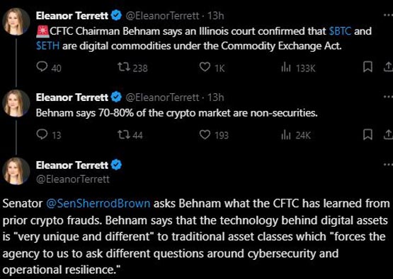 CFTC主席Rostin Behnam：多数加密货币非证券！法院裁定BTC、ETH为商品