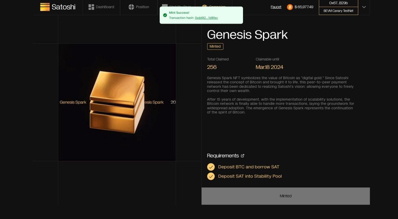 BTC Layer2 首发稳定币协议Satoshi Protocol 于BEVM 测试网启动，完成任务领取Genesis Spark NFT