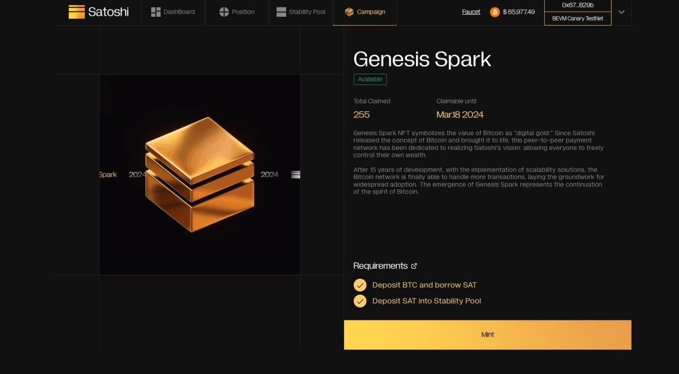 BTC Layer2 首发稳定币协议Satoshi Protocol 于BEVM 测试网启动，完成任务领取Genesis Spark NFT