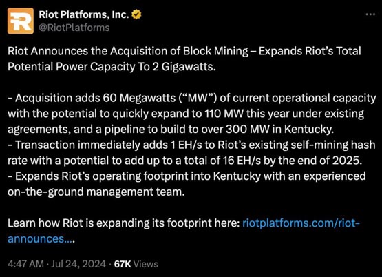 Riot Platforms九千万美元收购Block Mining！矿企概念股市值2周内暴涨