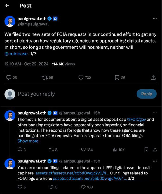 Coinbase再向FED和FDIC提交FOIA请求！要求公开银行打压加密货币文件