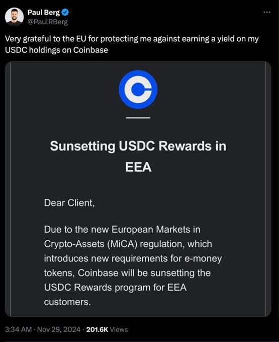Coinbase退出土耳其！受MiCA影响停用欧洲用户USDC收益服务