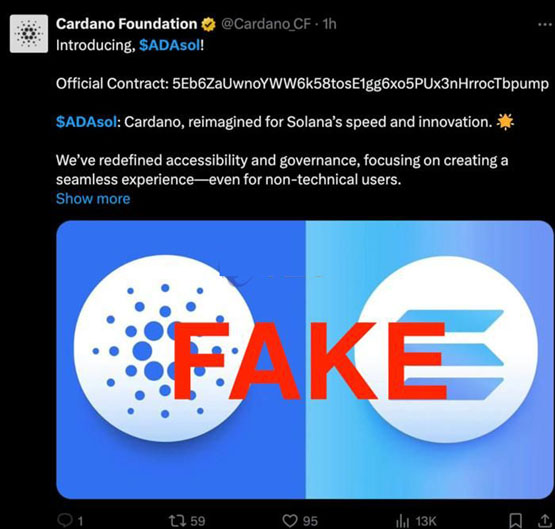 Cardano推特被黑：黑客谎称被SEC提告 发布假代币ADAsol来Rug Pull