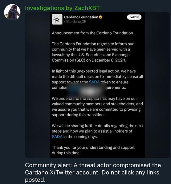 Cardano推特被黑：黑客谎称被SEC提告 发布假代币ADAsol来Rug Pull