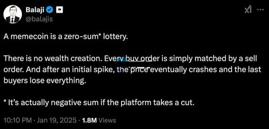 Coinbase前CTO Balaji谈炒作现况：Meme币就是负和游戏