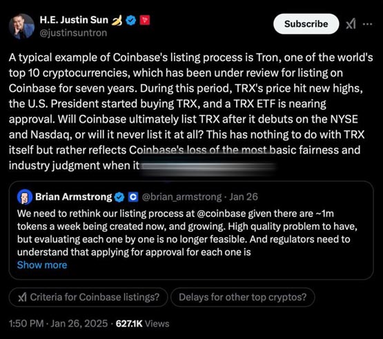 Coinbase CEO Brian Armstrong重整上币流程！孙宇晨：有失公正