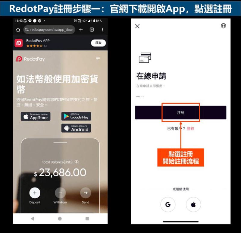 RedotPay注册步骤一:官网下载开启App,点选注册