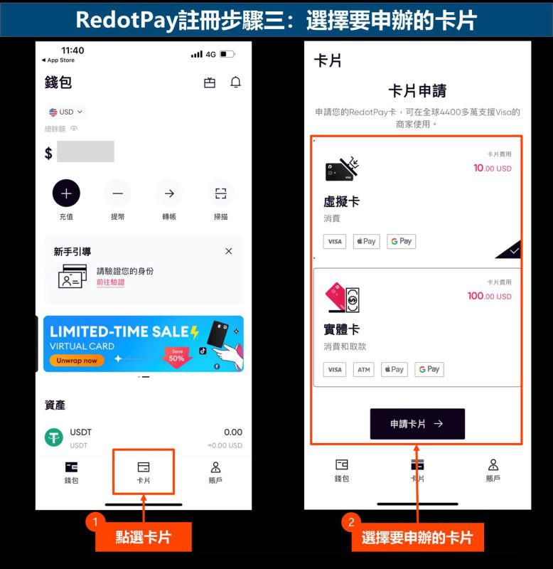 RedotPay注册步骤三:选择要申办的卡片