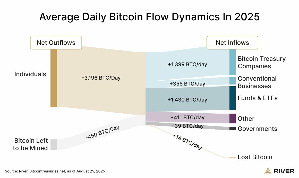 企业吸纳比特币（BTC）的速度是其开采速度的四倍