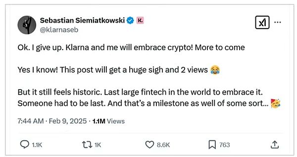 又一支付巨头将发行稳定币KlarnaUSD