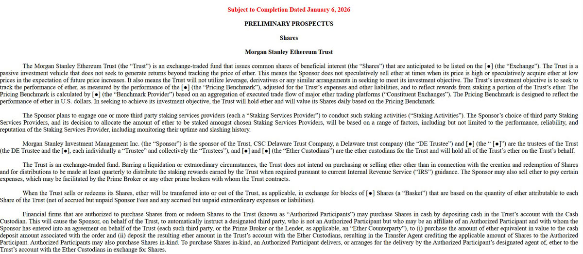 摩根士丹利申请ETH质押ETF