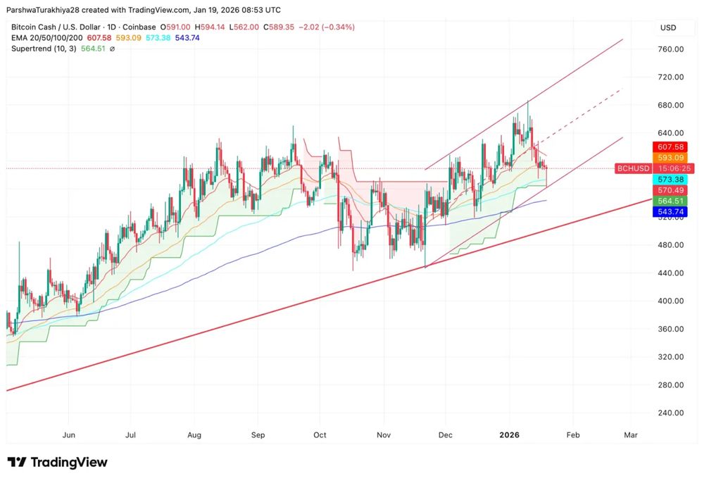 比特币现金价格预测：上升通道保持有效，BCH 测试 50 日均线支撑位 2026.1.20
