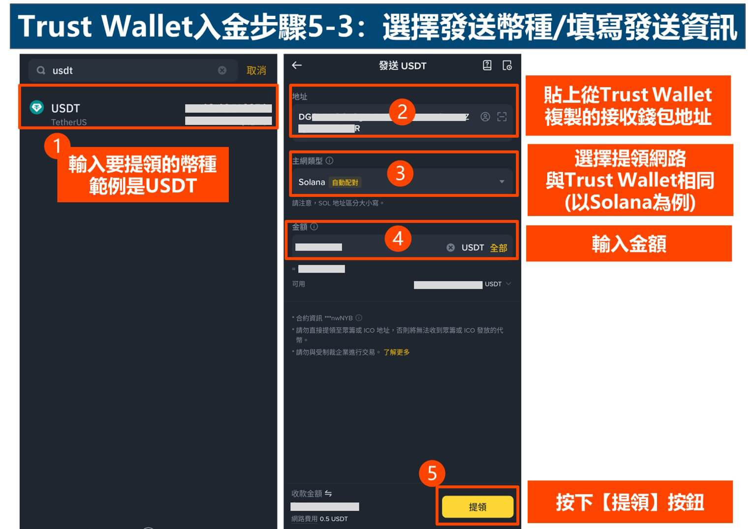 Trust Wallet入金步骤5-3：选择发送币种/填写发送资讯