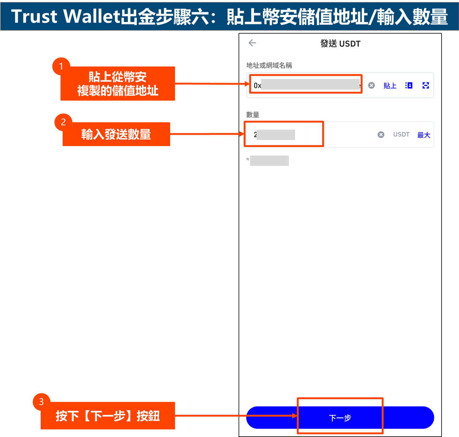 Trust Wallet出金步骤六：贴上币安储值地址/输入数量