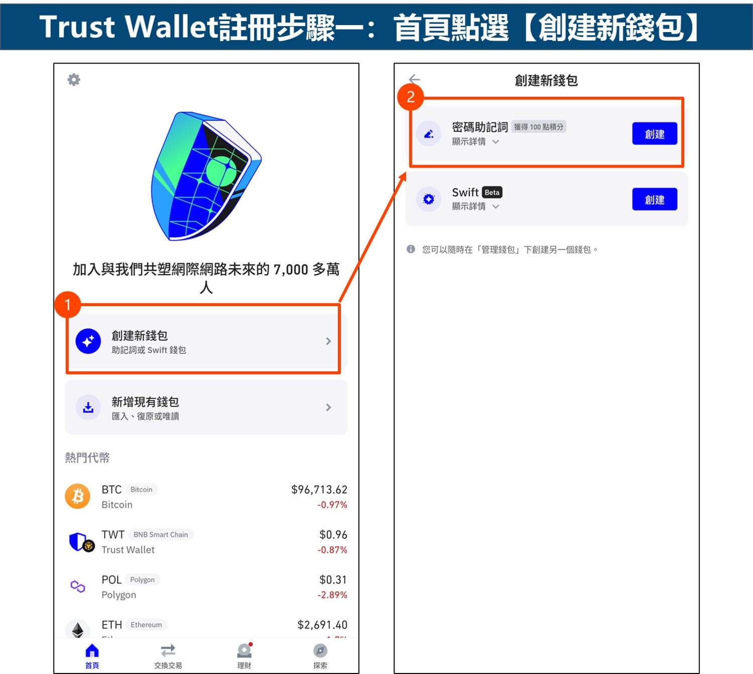 Trust Wallet注册步骤一：首页点选创建新钱包