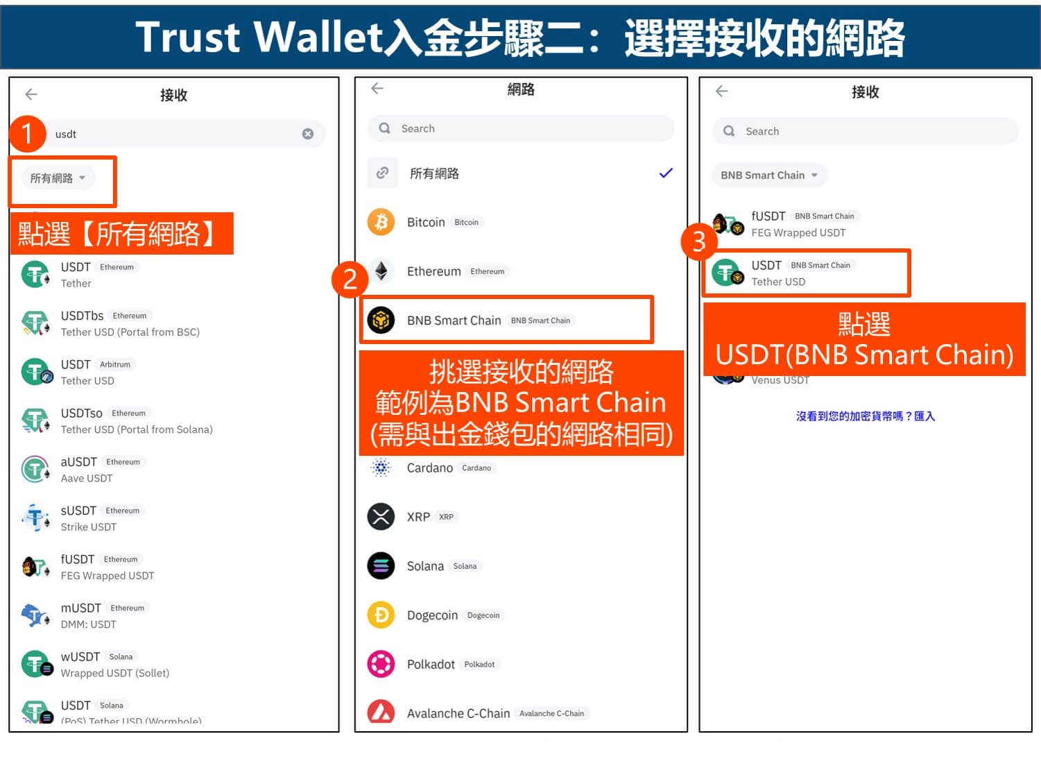 Trust Wallet入金步骤二：选择接收的网路