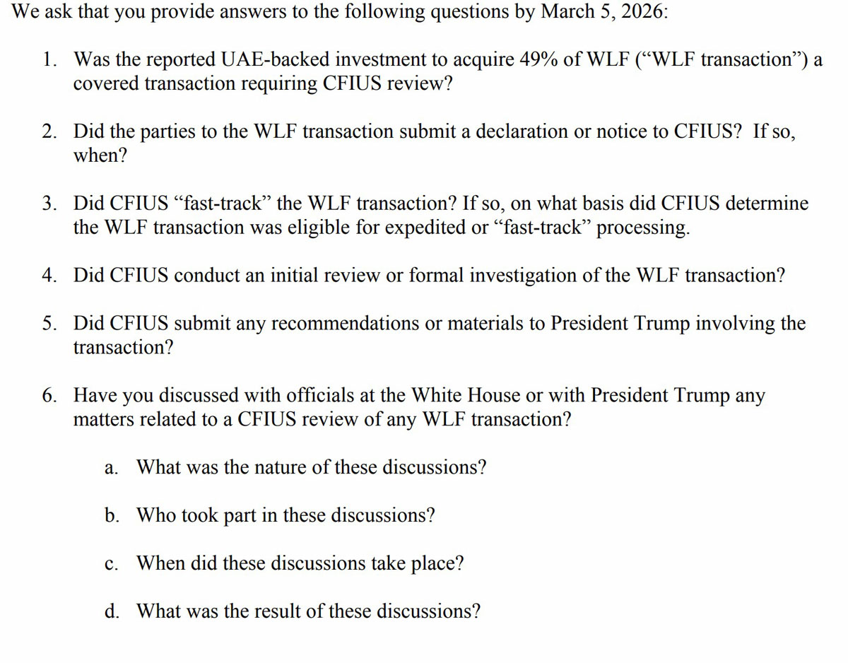 参议员要求贝森特查特朗普关联5亿股权