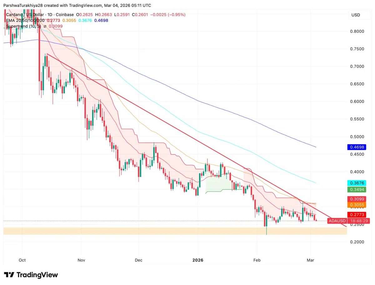 Cardano价格预测：Hoskinson抨击安全框架，ADA测试价格0.26美元 2026.3.4