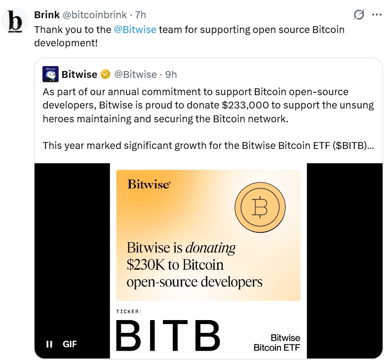 Bitwise捐超38万美元助比特币开源