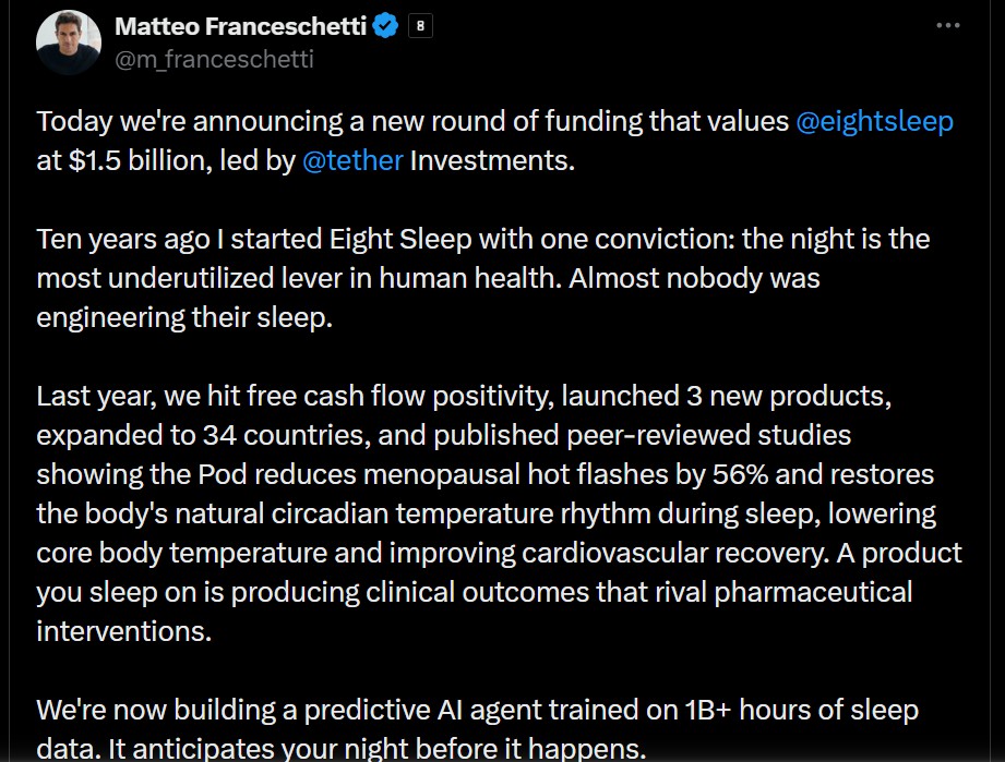 Tether 15 亿投 AI睡眠追踪公司