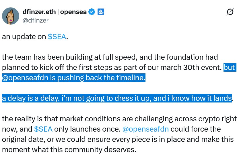 OpenSea推迟SEA代币发行