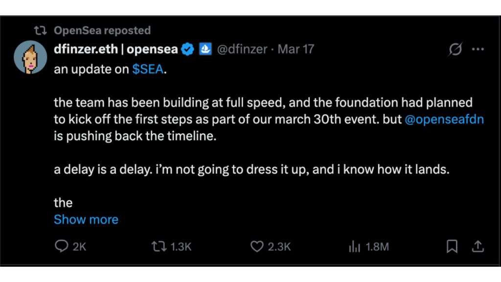 OpenSea因NFT市场疲软迫使其进行战略调整，推迟SEA代币发行