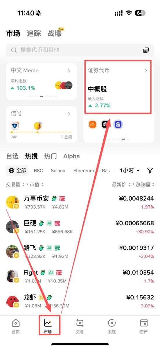 币安美股代币步骤二：进入股票代币页面