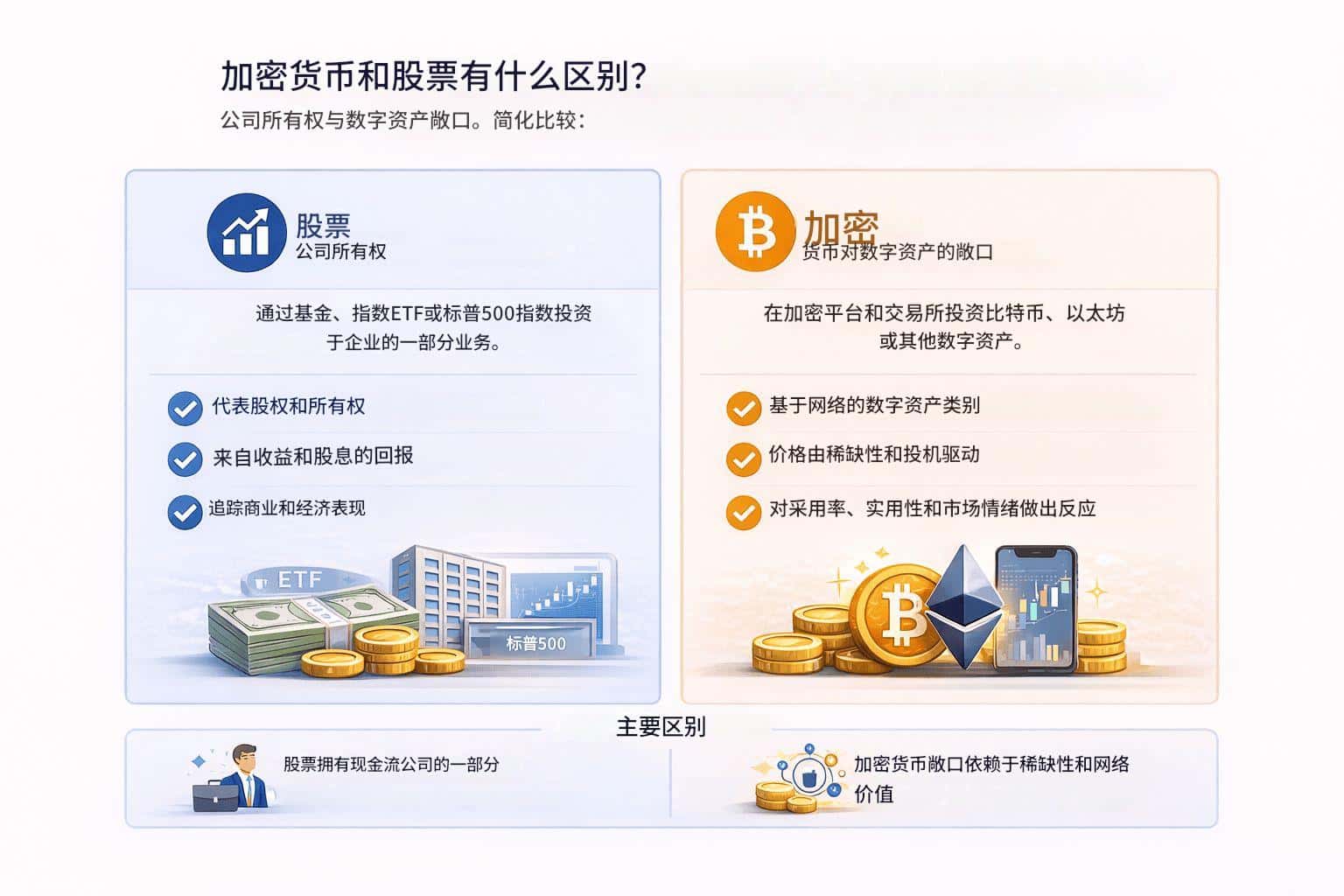 加密货币交易与股票交易：主要区别、收益和风险（2026 年指南）