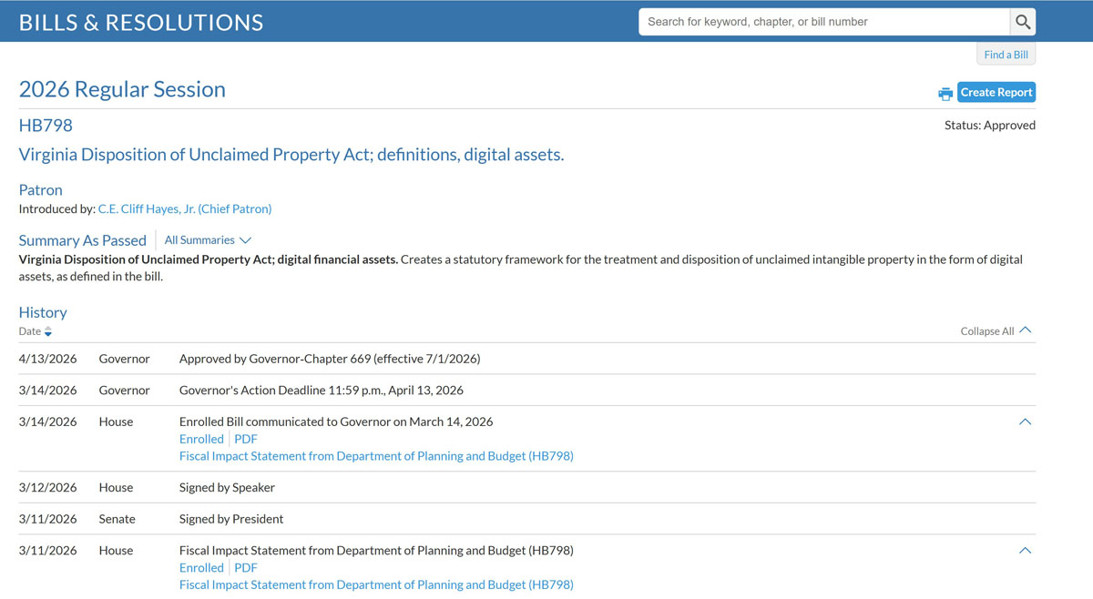 弗州令未认领加密货币实物存一年