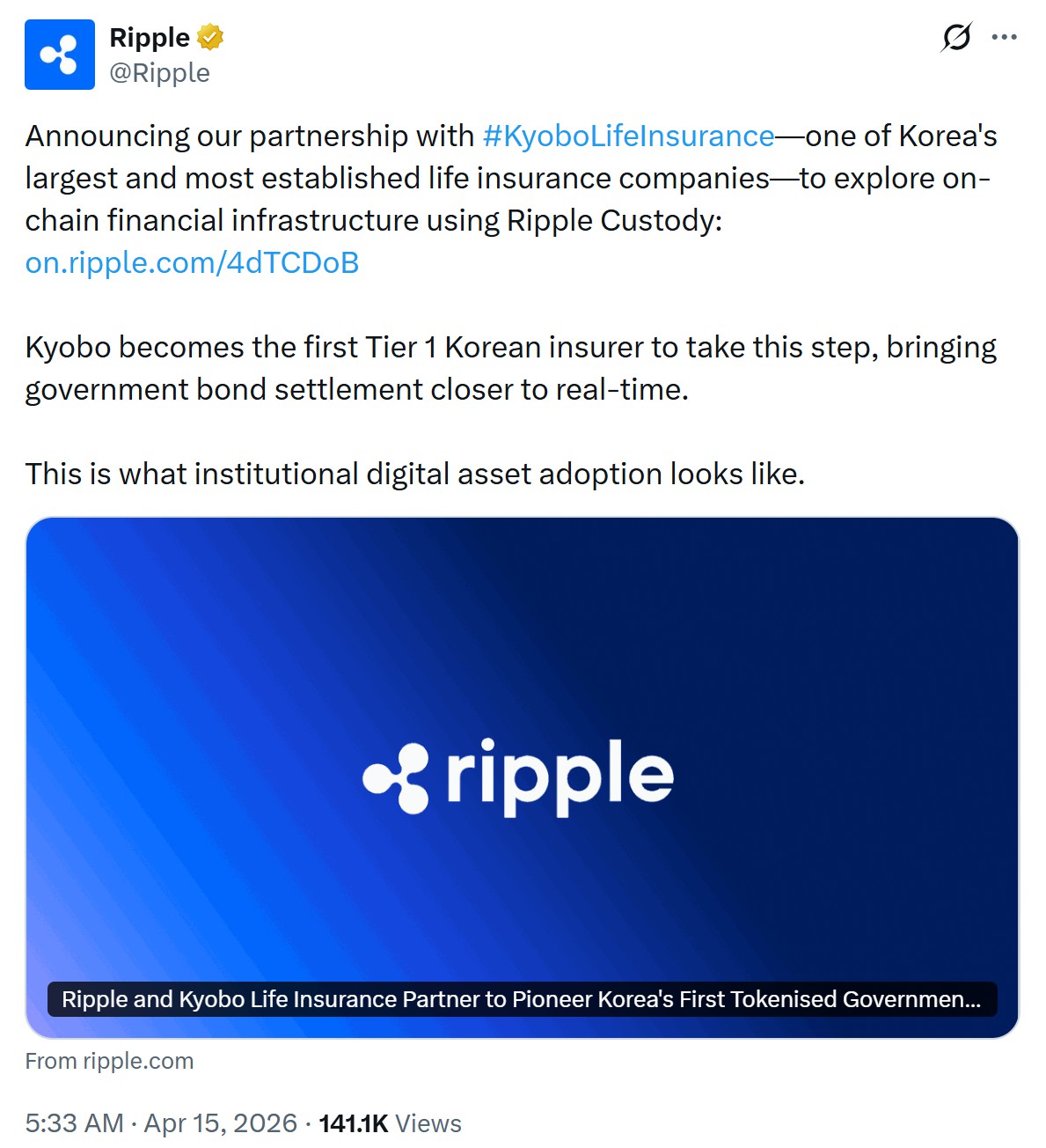 Ripple与教保 共促韩国债代币结算