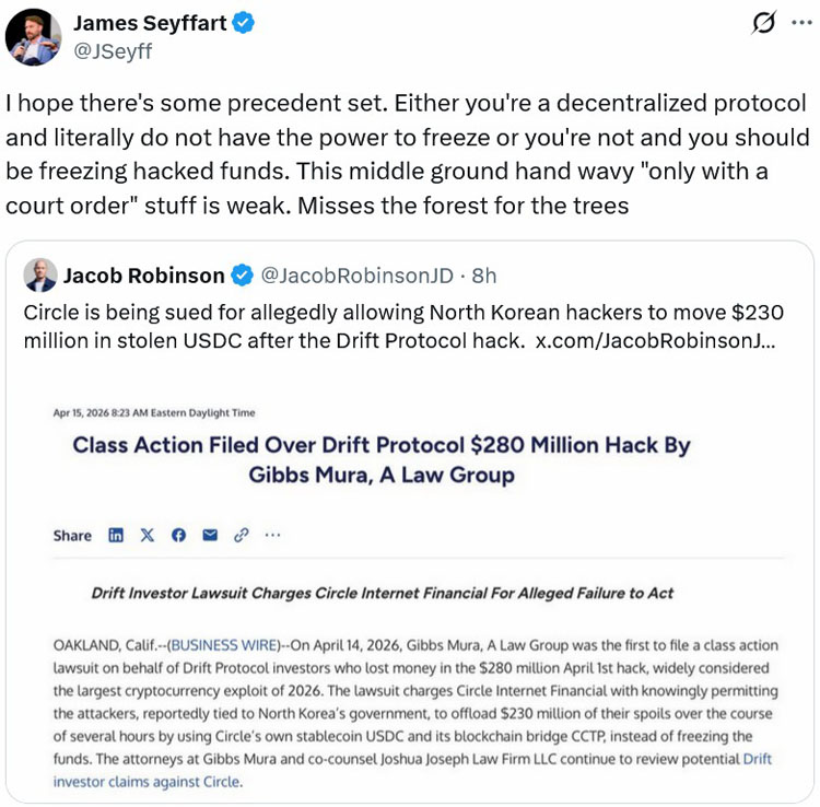 Drift 2.8亿黑客案：Circle被诉