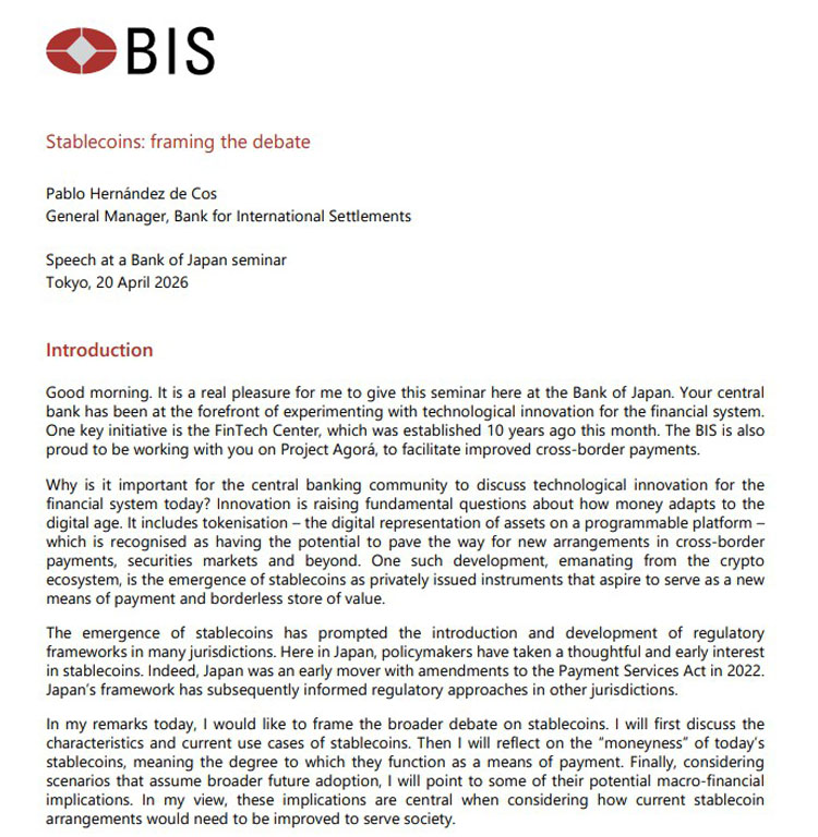 BIS示警：美元稳定币压银行政策