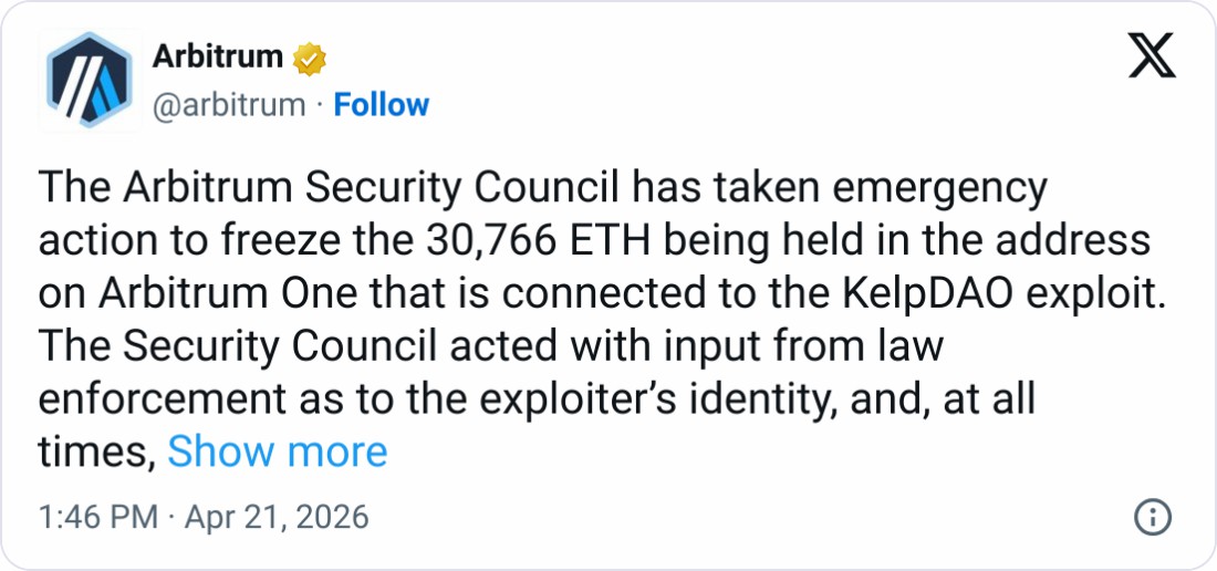 Kelp 漏洞：Arbitrum 冻结7100万美元ETH
