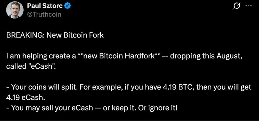 保罗·斯托克：比特币分叉eCash