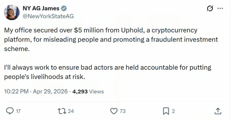 Uphold因加密欺诈被判赔500万