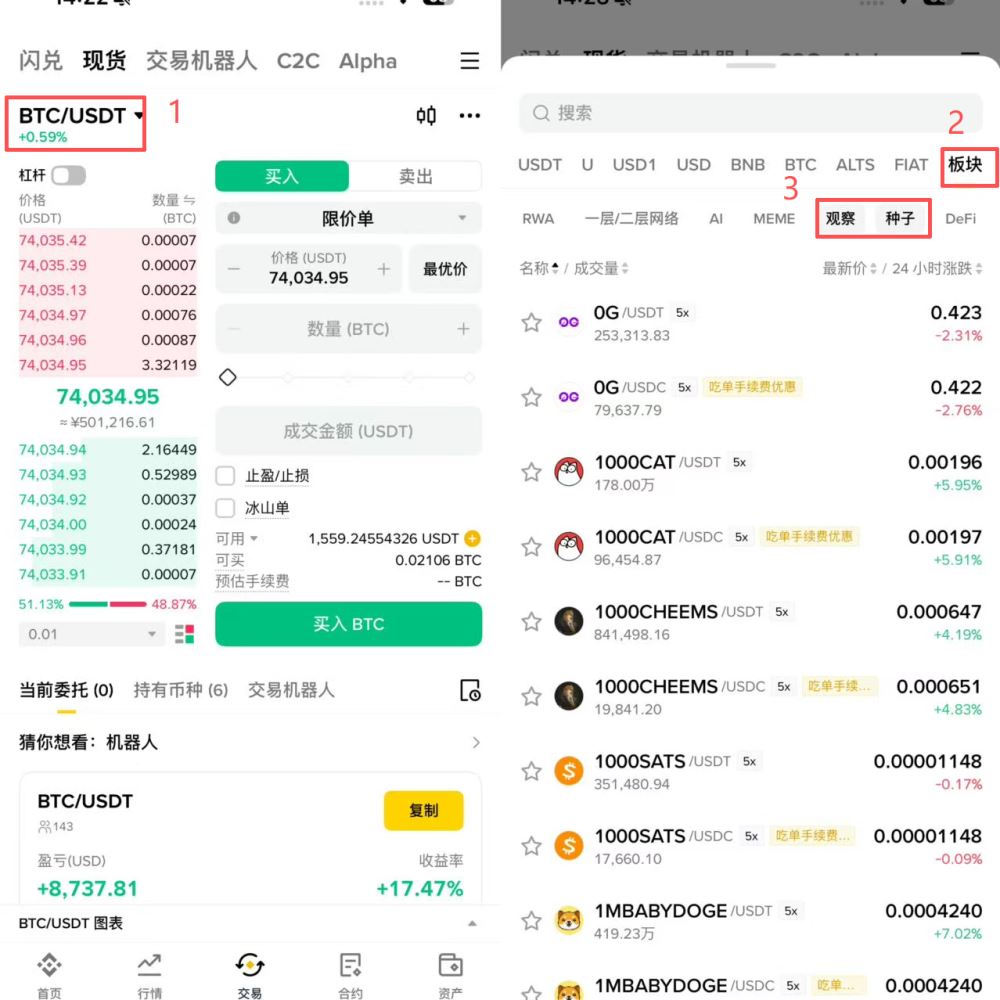 如何在币安查看有种子标签、监控标签的币种