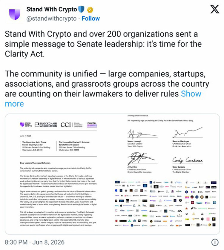 逾200加密公司推CLARITY法案过参