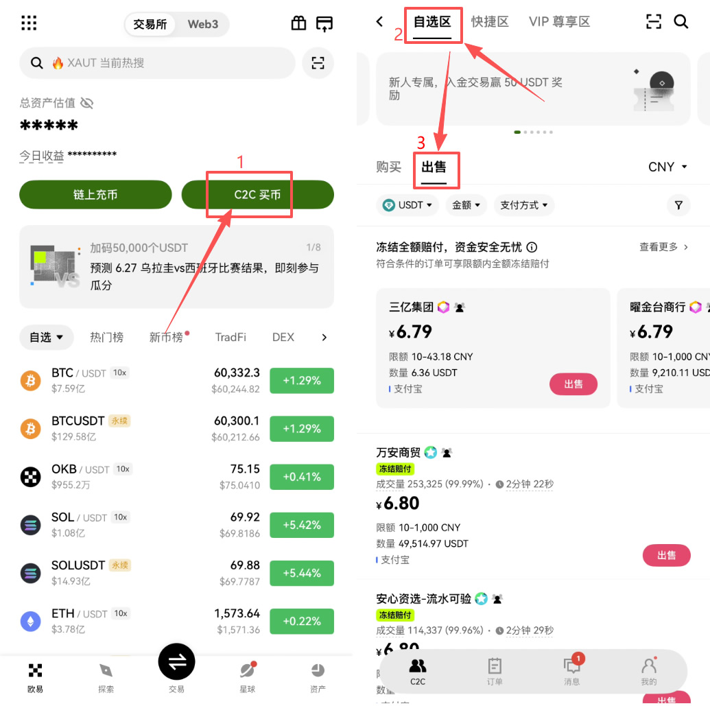 欧易C2C买币教程：怎么用人民币买USDT？又怎么卖出换成人民币？