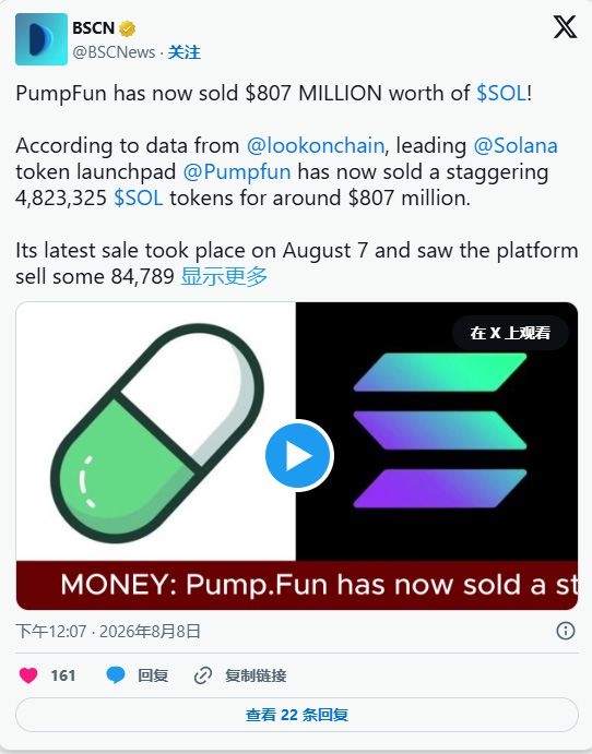 Pump.fun 新闻：自上线以来，SOL 已售出价值 8.07 亿美元