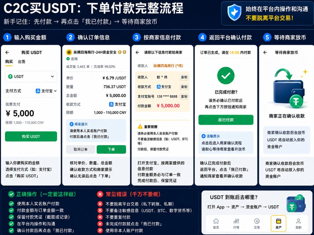 C2C买USDT下单付款完整流程
