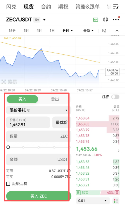 欧易购买ZEC币教学