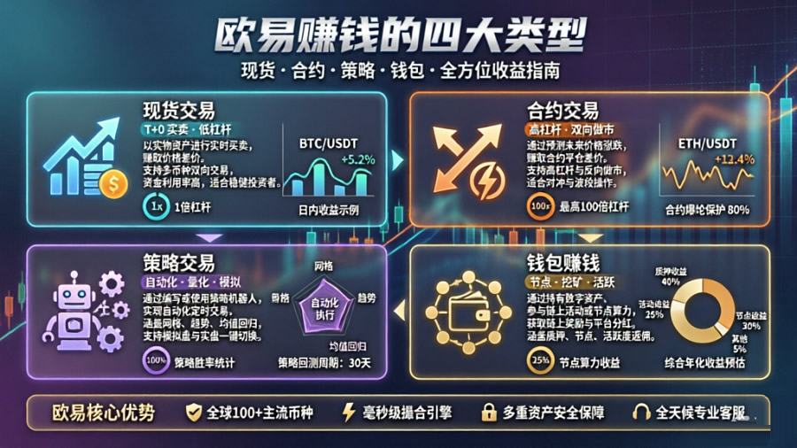 欧易赚钱的四大类型：现货、合约、策略、钱包赚钱介绍