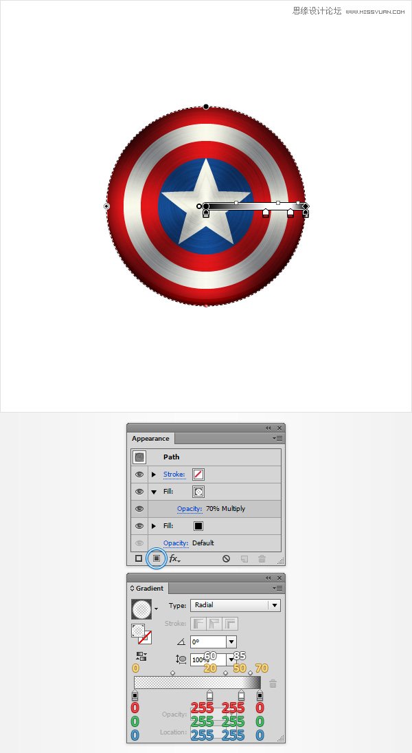 Illustrator绘制立体逼真的美国队长盾牌图标