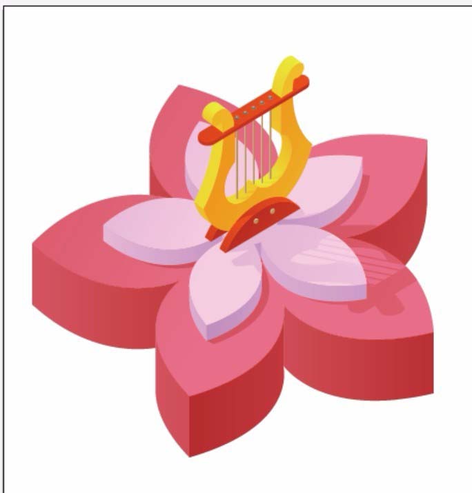 ai怎么设计立体花瓣中放置竖琴的卡通图?