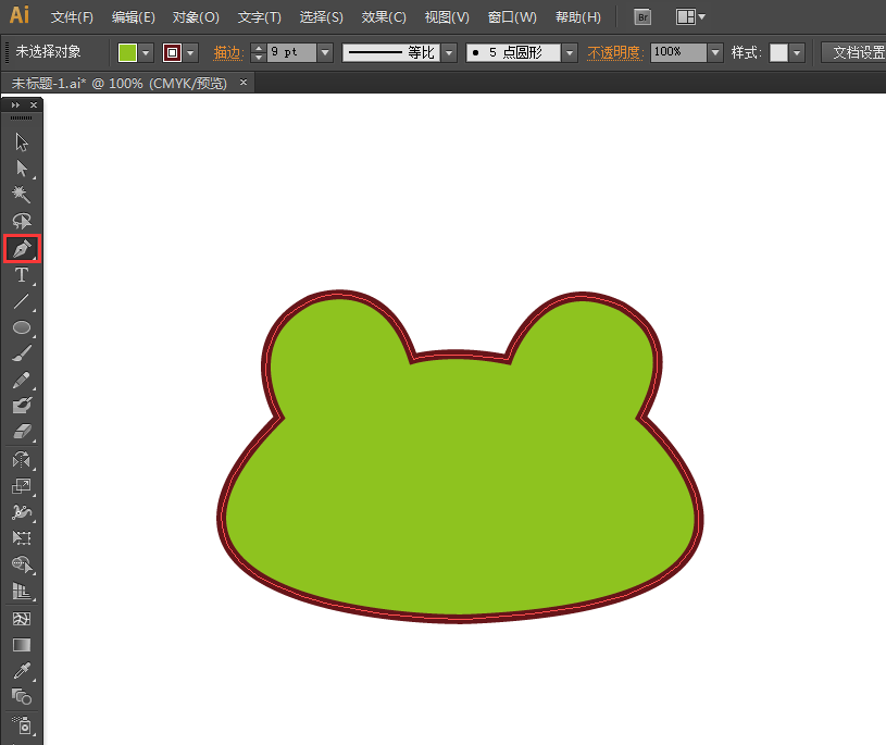 1,打开ai,用 钢笔工具画出小青蛙的脑袋,并填充上绿色.