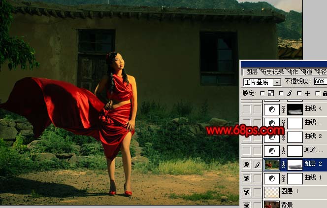 Photoshop 调出外景人物照片强对比的暗红色