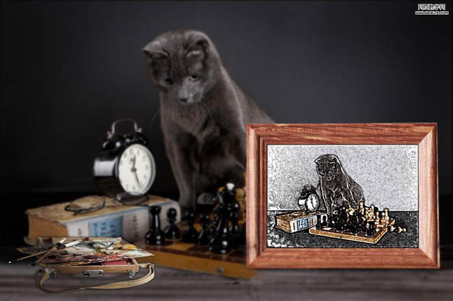 photoshop 合成给小猫绘制素描的现场图片